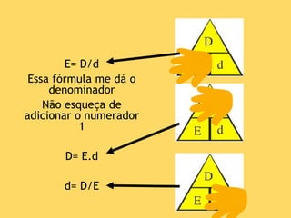 E= D/d
Essa fórmula me dá o
denominador
Não esqueça de
adicionar o numerador
1
D= E.d
d= D/E
 