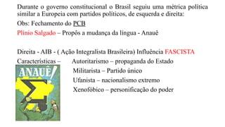 Durante o governo constitucional o Brasil seguiu uma métrica política
similar a Europeia com partidos políticos, de esquerda e direita:
Obs: Fechamento do PCB
Plínio Salgado – Propôs a mudança da língua - Anauê
Direita - AIB - ( Ação Integralista Brasileira) Influência FASCISTA
Características – Autoritarismo – propaganda do Estado
Militarista – Partido único
Ufanista – nacionalismo extremo
Xenofóbico – personificação do poder
 
