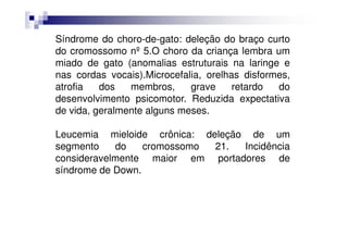 Síndrome do choro-de-gato: deleção do braço curto
do cromossomo nº 5.O choro da criança lembra um
miado de gato (anomalias estruturais na laringe e
nas cordas vocais).Microcefalia, orelhas disformes,
atrofia   dos   membros,     grave     retardo  do
desenvolvimento psicomotor. Reduzida expectativa
de vida, geralmente alguns meses.

Leucemia mieloide crônica: deleção de um
segmento    do    cromossomo 21.  Incidência
consideravelmente maior em portadores de
síndrome de Down.
 