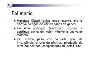 Polimeria
  Herança Quantitativa onde ocorre efeito
  aditivo na ação de vários pares de genes.
  Há uma variação fenotípica gradual e
  contínua entre um valor mínimo e um valor
  máximo.
  Ex.: altura, peso, cor da pele, grau de
  inteligência, altura de plantas, produção de
  leite em bovinos, comprimento de pelos, etc.
 