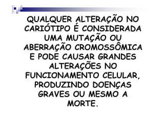 QUALQUER ALTERAÇÃO NO
CARIÓTIPO É CONSIDERADA
    UMA MUTAÇÃO OU
ABERRAÇÃO CROMOSSÔMICA
 E PODE CAUSAR GRANDES
     ALTERAÇÕES NO
FUNCIONAMENTO CELULAR,
  PRODUZINDO DOENÇAS
   GRAVES OU MESMO A
         MORTE.
 