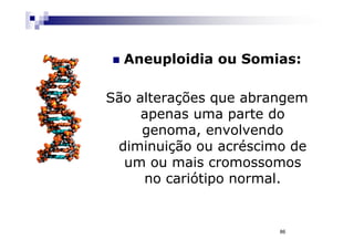 Aneuploidia ou Somias:

São alterações que abrangem
     apenas uma parte do
     genoma, envolvendo
 diminuição ou acréscimo de
  um ou mais cromossomos
     no cariótipo normal.


                       86
 