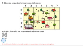Assinale a alternativa que mostra a localização do carrossel.
(A) N3
(B ) P3
(C) N2
(D) P2
D1- Identificar a localização/movimentação de objeto em mapas, croquis e outras representações gráficas.
7- Observe o parque de diversões representado abaixo:
 