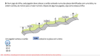 8- Numjogodetrilha,cadajogadordevecolocarocartãosorteadonumadasplacasidentificadascomumaletra,na
ordemcorreta,domenorparaomaiornúmero.Depoisdealgumasjogadas,vejacomoestavaatrilha:
Umjogadorsorteouocartão edevecolocá-lonaplacacomaletra:
3,06
(A) A
(B ) B
(C) C
(D) D
D22 - Identificar a localização de números racionais representados na forma decimal na reta numérica.
 
