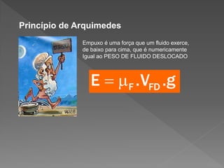Princípio de Arquimedes
Empuxo é uma força que um fluido exerce,
de baixo para cima, que é numericamente
Igual ao PESO DE FLUIDO DESLOCADO

 