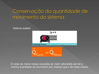 Sistema isolado

O corpo de menor massa necessita de maior velocidade par ter a
mesma quantidade de movimento (em módulo) que o de maior massa.

 