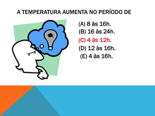 A TEMPERATURA AUMENTA NO PERÍODO DE
                  (A) 8 às 16h.
                  (B) 16 às 24h.
                  (C) 4 às 12h.
                  (D) 12 às 16h.
                   (E) 4 às 16h.
 
