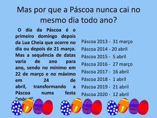 Mas por que a Páscoa nunca cai no
     mesmo dia todo ano?
 O dia da Páscoa é o
primeiro domingo depois
da Lua Cheia que ocorre no   Páscoa 2013 - 31 março
dia ou depois de 21 março.   Páscoa 2014 - 20 abril
Mas a sequência de datas     Páscoa 2015 - 5 abril
varia    de     ano   para
                             Páscoa 2016 - 27 março
ano, sendo no mínimo em
22 de março e no máximo      Páscoa 2017 - 16 abril
em           24         de   Páscoa 2018 - 1 abril
abril, transformando a       Páscoa 2019 - 21 abril
Páscoa      numa     festa   Páscoa 2020 - 12 abril
“móvel”.
 