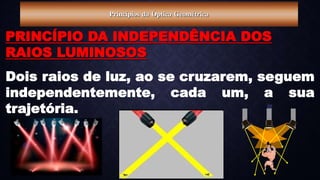 PRINCÍPIO DA INDEPENDÊNCIA DOS
RAIOS LUMINOSOS
Dois raios de luz, ao se cruzarem, seguem
independentemente, cada um, a sua
trajetória.
Princípios da Óptica Geométrica
 