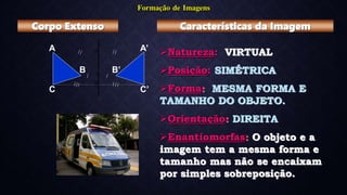 Corpo Extenso
Formação de Imagens
A A’
B B’
C C’
Características da Imagem
Natureza: VIRTUAL
Posição: SIMÉTRICA
Forma: MESMA FORMA E
TAMANHO DO OBJETO.
Orientação: DIREITA
Enantiomorfas: O objeto e a
imagem tem a mesma forma e
tamanho mas não se encaixam
por simples sobreposição.
 