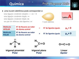 Química
● uma nuvem eletrônica pode corresponder a:


                                                                       Letra
                                                                        Letra  A
                                                                               A
 Molécula     N° de Nuvens ao redor
 APOLAR       do átomo central
                                      =       N° de ligantes iguais       μR = 0
 Molécula     N° de Nuvens ao redor
 POLAR        do átomo central
                                      ≠       N° de ligantes iguais       μR ≠ 0




   trigonal piramidal          trigonal plana                         Linear
         Polar                      Polar                             Apolar
 