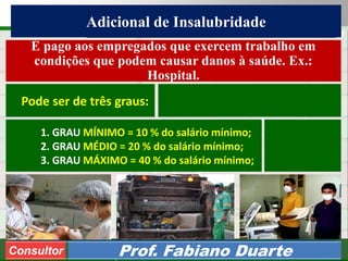 Consultoria de Planejamento - CPLAN
Secretaria de Estado da Administração - SEA
Consultor
Adm. Fabiano DuarteConsultor Prof. Fabiano Duarte
É pago aos empregados que exercem trabalho em
condições que podem causar danos à saúde. Ex.:
Hospital.
1. GRAU MÍNIMO = 10 % do salário mínimo;
2. GRAU MÉDIO = 20 % do salário mínimo;
3. GRAU MÁXIMO = 40 % do salário mínimo;
Adicional de Insalubridade
Pode ser de três graus:
 