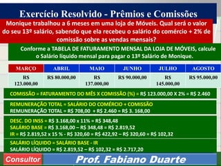 Consultoria de Planejamento - CPLAN
Secretaria de Estado da Administração - SEA
Consultor
Adm. Fabiano Duarte
Exercício Resolvido - Prêmios e Comissões
Consultor Prof. Fabiano Duarte
Monique trabalhou a 6 meses em uma loja de Móveis. Qual será o valor
do seu 13º salário, sabendo que ela recebeu o salário do comércio + 2% de
comissão sobre as vendas mensais?
COMISSÃO = FATURAMENTO DO MÊS X COMISSÃO (%) = R$ 123.000,00 X 2% = R$ 2.460
SALÁRIO LÍQUIDO = SALÁRIO BASE - IR
SALÁRIO LÍQUIDO = R$ 2.819,52 – R$ 102,32 = R$ 2.717,20
Conforme a TABELA DE FATURAMENTO MENSAL DA LOJA DE MÓVEIS, calcule
o Salário líquido mensal para pagar o 13º Salário de Monique.
MARÇO ABRIL MAIO JUNHO JULHO AGOSTO
R$
123.000,00
R$ 80.000,00 R$
137.000,00
R$ 90.000,00 R$
145.000,00
R$ 95.000,00
DESC. DO INSS = R$ 3.168,00 x 11% = R$ 348,48
SALÁRIO BASE = R$ 3.168,00 – R$ 348,48 = R$ 2.819,52
IR = R$ 2.819,52 x 15 % - R$ 320,60 = R$ 422,92 – R$ 320,60 = R$ 102,32
REMUNERAÇÃO TOTAL = SALÁRIO DO COMÉRCIO + COMISSÃO
REMUNERAÇÃO TOTAL = R$ 708,00 + R$ 2.460 = R$ 3. 168,00
 