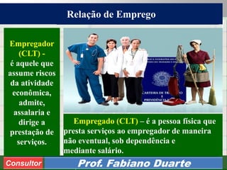 Consultoria de Planejamento - CPLAN
Secretaria de Estado da Administração - SEA
Consultor
Adm. Fabiano Duarte
Relação de Emprego
Consultor Prof. Fabiano Duarte
Empregador
(CLT) -
é aquele que
assume riscos
da atividade
econômica,
admite,
assalaria e
dirige a
prestação de
serviços.
Empregado (CLT) – é a pessoa física que
presta serviços ao empregador de maneira
não eventual, sob dependência e
mediante salário.
 