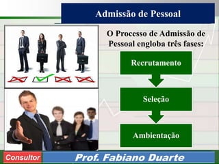 Consultoria de Planejamento - CPLAN
Secretaria de Estado da Administração - SEA
Consultor
Adm. Fabiano Duarte
Admissão de Pessoal
Consultor Prof. Fabiano Duarte
Ambientação
Seleção
Recrutamento
O Processo de Admissão de
Pessoal engloba três fases:
 