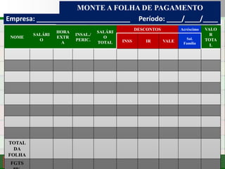 Consultoria de Planejamento - CPLAN
Secretaria de Estado da Administração - SEA
Consultor
Adm. Fabiano DuarteConsultor Prof. Fabiano Duarte
NOME
SALÁRI
O
HORA
EXTR
A
INSAL./
PERIC.
SALÁRI
O
TOTAL
DESCONTOS Acréscimo VALO
R
TOTA
L
INSS IR VALE
Sal.
Família
TOTAL
DA
FOLHA
FGTS
MONTE A FOLHA DE PAGAMENTO
Empresa: _________________________ Período: ____/____/____
 