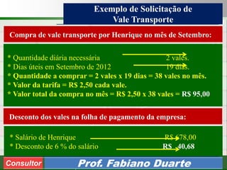 Consultoria de Planejamento - CPLAN
Secretaria de Estado da Administração - SEA
Consultor
Adm. Fabiano Duarte
Exemplo de Solicitação de
Vale Transporte
Consultor Prof. Fabiano Duarte
Compra de vale transporte por Henrique no mês de Setembro:
* Quantidade diária necessária 2 vales.
* Dias úteis em Setembro de 2012 19 dias.
* Quantidade a comprar = 2 vales x 19 dias = 38 vales no mês.
* Valor da tarifa = R$ 2,50 cada vale.
* Valor total da compra no mês = R$ 2,50 x 38 vales = R$ 95,00
Desconto dos vales na folha de pagamento da empresa:
* Salário de Henrique R$ 678,00
* Desconto de 6 % do salário R$ 40,68
 
