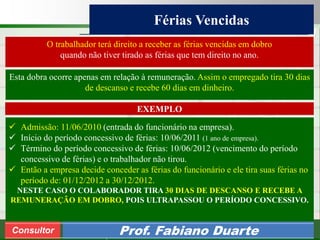 Consultoria de Planejamento - CPLAN
Secretaria de Estado da Administração - SEA
Consultor
Adm. Fabiano Duarte
Férias Vencidas
Consultor Prof. Fabiano Duarte
O trabalhador terá direito a receber as férias vencidas em dobro
quando não tiver tirado as férias que tem direito no ano.
Esta dobra ocorre apenas em relação à remuneração. Assim o empregado tira 30 dias
de descanso e recebe 60 dias em dinheiro.
 Admissão: 11/06/2010 (entrada do funcionário na empresa).
 Início do período concessivo de férias: 10/06/2011 (1 ano de empresa).
 Término do período concessivo de férias: 10/06/2012 (vencimento do período
concessivo de férias) e o trabalhador não tirou.
 Então a empresa decide conceder as férias do funcionário e ele tira suas férias no
período de: 01/12/2012 a 30/12/2012.
NESTE CASO O COLABORADOR TIRA 30 DIAS DE DESCANSO E RECEBE A
REMUNERAÇÃO EM DOBRO, POIS ULTRAPASSOU O PERÍODO CONCESSIVO.
EXEMPLO
 