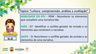 Tópico "Leitura: compreensão, análise e avaliação"
HABILIDADE DO EPV - P044 - Reconhecer os elementos
que compõem uma narrativa lida.
SAEB - D7 Identificar o conflito gerador do enredo e os
elementos que constroem a narrativa.
SAEPE - 21 Reconhecer o conflito gerador do enredo e os
elementos de uma narrativa.
 