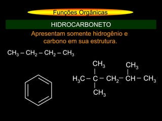 Apresentam somente hidrogênio e
carbono em sua estrutura.
CH3 – CH2 – CH2 – CH3
Funções Orgânicas
HIDROCARBONETO
H3C C CH2 CH
CH3
CH3
CH3
CH3
 