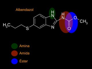N
N
H
S
CH3
N
H
O
O
CH3
Albendazol
Amina
Amida
Éster
 