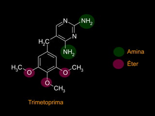 N
N
O
O
O
CH2
NH2
NH2
CH3
CH3
CH3
Trimetoprima
Amina
Éter
 