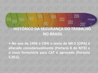 •  No ano de 1999 a CIPA o texto da NR-5 (CIPA) é alterado consideravelmente (Portaria 8 do MTE) e o novo formulário para CAT é aprovado (Portaria 5.051); HISTÓRICO DA SEGURANÇA DO TRABALHO  NO BRASIL 