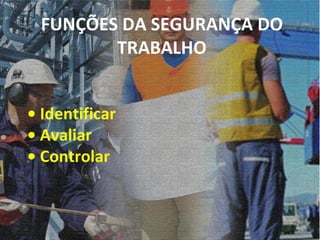 FUNÇÕES DA SEGURANÇA DO TRABALHO •  Identificar •  Avaliar •  Controlar 