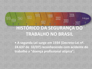 •  A segunda Lei surge em 1934 (Decreto-Lei nº. 24.637 de  10/07) reconhecendo com acidente do trabalho a "doença profissional atípica"; HISTÓRICO DA SEGURANÇA DO TRABALHO NO BRASIL 