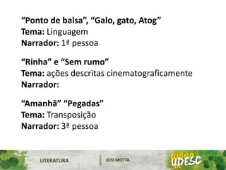 LITERATURA JOSI MOTTA
“Ponto de balsa”, “Galo, gato, Atog”
Tema: Linguagem
Narrador: 1ª pessoa
“Rinha” e “Sem rumo”
Tema: ações descritas cinematograficamente
Narrador:
“Amanhã” “Pegadas”
Tema: Transposição
Narrador: 3ª pessoa
 
