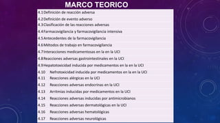 MARCO TEORICO
4.1Definición de reacción adversa
4.2Definición de evento adverso
4.3Clasificación de las reacciones adversas
4.4Farmacovigilancia y farmacovigilancia intensiva
4.5Antecedentes de la farmacovigilancia
4.6Métodos de trabajo en farmacovigilancia
4.7Interacciones medicamentosas en la en la UCI
4.8Reacciones adversas gastrointestinales en la UCI
4.9Hepatotoxicidad inducida por medicamentos en la en la UCI
4.10 Nefrotoxicidad inducida por medicamentos en la en la UCI
4.11 Reacciones alérgicas en la UCI
4.12 Reacciones adversas endocrinas en la UCI
4.13 Arritmias inducidas por medicamentos en la UCI
4.14 Reacciones adversas inducidas por antimicrobianos
4.15 Reacciones adversas dermatológicas en la UCI
4.16 Reacciones adversas hematológicas
4.17 Reacciones adversas neurológicas
 