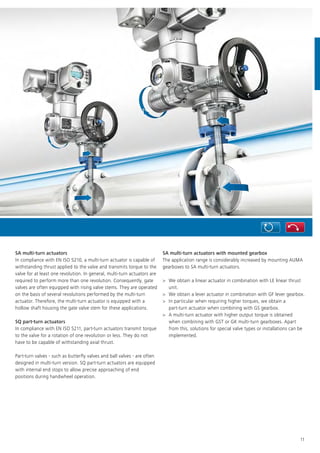 11
SA multi-turn actuators
In compliance with EN ISO 5210, a multi-turn actuator is capable of
withstanding thrust applied to the valve and transmits torque to the
valve for at least one revolution. In general, multi-turn actuators are
required to perform more than one revolution. Consequently, gate
valves are often equipped with rising valve stems. They are operated
on the basis of several revolutions performed by the multi-turn
actuator. Therefore, the multi-turn actuator is equipped with a
hollow shaft housing the gate valve stem for these applications.
SQ part-turn actuators
In compliance with EN ISO 5211, part-turn actuators transmit torque
to the valve for a rotation of one revolution or less. They do not
have to be capable of withstanding axial thrust.
Part-turn valves - such as butterfly valves and ball valves - are often
designed in multi-turn version. SQ part-turn actuators are equipped
with internal end stops to allow precise approaching of end
positions during handwheel operation.
SA multi-turn actuators with mounted gearbox
The application range is considerably increased by mounting AUMA
gearboxes to SA multi-turn actuators.
> We obtain a linear actuator in combination with LE linear thrust
unit.
> We obtain a lever actuator in combination with GF lever gearbox.
> In particular when requiring higher torques, we obtain a
part-turn actuator when combining with GS gearbox.
> A multi-turn actuator with higher output torque is obtained
when combining with GST or GK multi-turn gearboxes. Apart
from this, solutions for special valve types or installations can be
implemented.
 