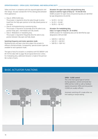 18
OPERATION MODES – OPEN-CLOSE, POSITIONING, AND MODULATING DUTY 
Valves are driven in compliance with the required application and
their design. Actuator standard EN 15714-2 distinguishes between
three applications:
>> Class A: OPEN-CLOSE duty.
The actuator is required to drive the valve through its entire
travel from the fully open position to the fully closed position or
vice versa.
>> Class B: Inching/positioning or positioning duty.
The actuator is required to occasionally drive the valve to any
position (fully open, intermediate and fully closed).
>> Class C: Modulation or modulating duty.
The actuator is required to frequently drive the valve to any
position between fully open and fully closed.
Switching frequency and motor operation mode
Modulating duty and open-close duty subject the actuator to
different mechanical loads. Consequently, special actuator types are
available for each operation mode.
The types of duty for actuators in compliance with IEC 60034-1 and
EN 15714-2 (also refer to page 70) are typical distinction criteria.
For modulating duty, additional indication is made of the permissi-
ble number of starts.
OPEN - CLOSE control
This is the most typical type of control.
During operation, control commands Run
OPEN and Run CLOSE as well as feedback
signals End position OPEN and End position
CLOSED are usually sufficient.
Automatic switching off is made either via
limit seating or torque seating.
Actuators for open-close duty and positioning duty
(classes A and B or types of duty S2 - 15 min/30 min)
AUMA actuators for open-close and positioning duty are identified
by type designations SA and SQ:
>> SA 07.2 – SA 16.2
>> SA 25.1 – SA 48.1
>> SQ 05.2 – SQ 14.2
Actuators for modulating duty
(class C or types of duty S4 - 25 %/50%)
AUMA actuators for modulating duty can be identified by type
designations SAR and SQR:
>> SAR 07.2 – SAR 16.2
>> SAR 25.1 – SAR 30.1
>> SQR 05.2 – SQR 14.2
BASIC ACTUATOR FUNCTIONS
 