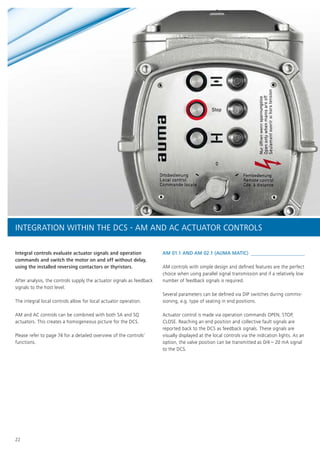 22
Integral controls evaluate actuator signals and operation
commands and switch the motor on and off without delay,
using the installed reversing contactors or thyristors.
After analysis, the controls supply the actuator signals as feedback
signals to the host level.
The integral local controls allow for local actuator operation.
AM and AC controls can be combined with both SA and SQ
actuators. This creates a homogeneous picture for the DCS.
Please refer to page 74 for a detailed overview of the controls’
functions.
AM 01.1 AND AM 02.1 (AUMA MATIC) 
AM controls with simple design and defined features are the perfect
choice when using parallel signal transmission and if a relatively low
number of feedback signals is required.
Several parameters can be defined via DIP switches during commis-
sioning, e.g. type of seating in end positions.
Actuator control is made via operation commands OPEN, STOP,
CLOSE. Reaching an end position and collective fault signals are
reported back to the DCS as feedback signals. These signals are
visually displayed at the local controls via the indication lights. As an
option, the valve position can be transmitted as 0/4 – 20 mA signal
to the DCS.
INTEGRATION WITHIN THE DCS - AM AND AC ACTUATOR CONTROLS
 
