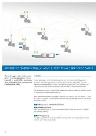 33
22
11
42
The use of copper cables can be unsatis-
factory for certain applications. Here, it
is possible to switch to fibre optic cables.
When selecting Wireless, communication
is made without cables.
WIRELESS
Further advantages other than obsolete wiring: Fast commissioning and easy system
extension. Each participant can communicate within the own radio range. This mesh
topology increases availability through redundant communication. If one participant or a
radio connection fails, an alternative communication path is automatically adopted.
The Wireless solutions is a variant of the SIMA system solution, enhancing to a large extent
of the functions as mentioned on page 40.
Radio transmission is based on wireless communication standard IEEE 802.15.4 (at 2.4 GHz).
AES-128-bit encryption is used to protect data transfer and parameterisation of field devices
for communication.
11 AUMA actuators with Wireless interface
22 SIMA Master Station
SIMA described on page 40 coordinates communication to the field devices in coopera-
tion with the gateway.
33 Wireless gateway
The gateway establishes access to the SIMA Wireless system and comprises the network
manager and the security manager.
ALTERNATIVE COMMUNICATION CHANNELS - WIRELESS AND FIBRE OPTIC CABLES
 