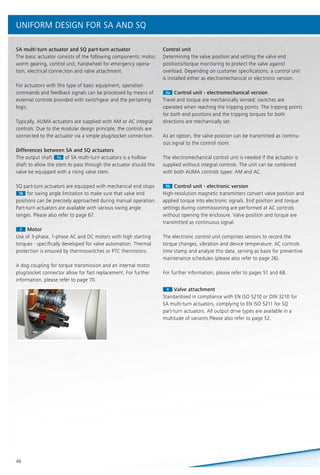 46
44 Valve attachment
Standardised in compliance with EN ISO 5210 or DIN 3210 for
SA multi-turn actuators, complying to EN ISO 5211 for SQ
part-turn actuators. All output drive types are available in a
multitude of variants.Please also refer to page 52.
22 Motor
Use of 3-phase, 1-phase AC and DC motors with high starting
torques - specifically developed for valve automation. Thermal
protection is ensured by thermoswitches or PTC thermistors.
A dog coupling for torque transmission and an internal motor
plug/socket connector allow for fast replacement. For further
information, please refer to page 70.
Control unit
Determining the valve position and setting the valve end
positions/torque monitoring to protect the valve against
overload. Depending on customer specifications, a control unit
is installed either as electromechanical or electronic version.
3a3a Control unit - electromechanical version
Travel and torque are mechanically sensed; switches are
operated when reaching the tripping points. The tripping points
for both end positions and the tripping torques for both
directions are mechanically set.
As an option, the valve position can be transmitted as continu-
ous signal to the control room.
The electromechanical control unit is needed if the actuator is
supplied without integral controls. The unit can be combined
with both AUMA controls types: AM and AC.
3b3b Control unit - electronic version
High-resolution magnetic transmitters convert valve position and
applied torque into electronic signals. End position and torque
settings during commissioning are performed at AC controls
without opening the enclosure. Valve position and torque are
transmitted as continuous signal.
The electronic control unit comprises sensors to record the
torque changes, vibration and device temperature. AC controls
time stamp and analyse this data, serving as basis for preventive
maintenance schedules (please also refer to page 26).
For further information, please refer to pages 51 and 68.
SA multi-turn actuator and SQ part-turn actuator
The basic actuator consists of the following components: motor,
worm gearing, control unit, handwheel for emergency opera-
tion, electrical connection and valve attachment.
For actuators with this type of basic equipment, operation
commands and feedback signals can be processed by means of
external controls provided with switchgear and the pertaining
logic.
Typically, AUMA actuators are supplied with AM or AC integral
controls. Due to the modular design principle, the controls are
connected to the actuator via a simple plug/socket connection.
Differences between SA and SQ actuators
The output shaft 1a
Differences between SA and SQ actuators
The output shaft 1a of SA multi-turn actuators is a hollow
shaft to allow the stem to pass through the actuator should the
valve be equipped with a rising valve stem.
SQ part-turn actuators are equipped with mechanical end stops
1b
SQ part-turn actuators are equipped with mechanical end stopsSQ part-turn actuators are equipped with mechanical end stops
1b for swing angle limitation to make sure that valve end
positions can be precisely approached during manual operation.
Part-turn actuators are available with various swing angle
ranges. Please also refer to page 67.
UNIFORM DESIGN FOR SA AND SQ
 