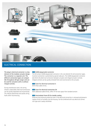 22
22
22
11
44
33
54
The plug-in electrical connector is a key
element of the modular actuator design.
The connector is a separate unit. The
different connection types are compat-
ible throughout all type ranges and can
be used for actuators with or without
integral controls.
During maintenance work, the wiring
remains undisturbed; electrical connections
can be quickly separated and reconnected.
This reduces downtimes and avoids wiring
faults when reconnecting.
11 AUMA plug/socket connector
The 50 contact AUMA plug/socket connector is the core element for all connection types.
Incorrect connection is prevented by special code pins. The AUMA plug/socket connector
also forms the electrical connection between actuator and integral actuator controls.
Integral controls can be quickly removed from and reconnected to the actuator.
22 Cover for electrical connection S
With three cable entries.
33 Cover for electrical connection SH
With additional cable entries, offers 75 % more space than standard version.
44 Intermediate frame DS for double sealing
Preserves the enclosure protection even if the electrical connection is removed and prevents
ingress of dirt or humidity into the housing. Can be combined with any electrical connec-
tion type and is easily retrofitted.
ELECTRICAL CONNECTION
 