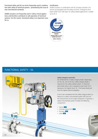 11
22
33
44
64
Safety Integrity Level (SIL)
IEC 61508 defines 4 safety integrity levels. Depending
on the risk, one of the four safety integrity levels is
required for the safety-related system. A maximum
permissible failure rate is assigned to each level. SIL 4
represents the highest level, SIL 1 the lowest level and
thus the highest failure probability.
It has to be considered that the safety integrity level is a
feature of a safety instrumented system (SIS) and not
the characteristic of one single component. In general, a
safety instrumented system includes the following
components:
> Sensor 1Sensor 1
> Controls (safety PLC) 2Controls (safety PLC) 2
> Actuator 3
Controls (safety PLC)
Actuator
Controls (safety PLC)
3
> Valve 4
ActuatorActuator 3
Valve 4
Functional safety and SIL are terms frequently used in combina-
tion with safety of technical systems - promoted by the issue of
new international standards.
AUMA actuators are frequently used in safety critical applica-
tions and therefore contribute to safe operation of technical
systems. For this reason, functional safety is an important issue
for us.
Certification
AUMA actuators in combination with AC actuator controls in SIL
version are equipped with the safety functions "Emergency Shut
Down (ESD)" and "Safe Stop" for safety-related applications, suitable
up to SIL 3.
FUNCTIONAL SAFETY - SIL
 