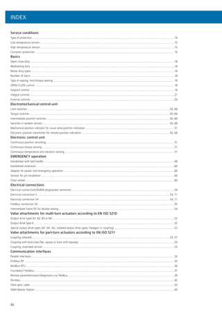 86
Service conditions	
Type of protection...........................................................................................................................................................................................14
Low temperature version.................................................................................................................................................................................15
High temperature version................................................................................................................................................................................15
Corrosion protection.......................................................................................................................................................................................16
Basics	
Open-close duty..............................................................................................................................................................................................18
Modulating duty.............................................................................................................................................................................................18
Motor duty types............................................................................................................................................................................................18
Number of starts.............................................................................................................................................................................................18
Type of seating, limit/torque seating................................................................................................................................................................19
OPEN-CLOSE control.......................................................................................................................................................................................18
Setpoint control..............................................................................................................................................................................................19
Integral controls..............................................................................................................................................................................................21
External controls.............................................................................................................................................................................................20
Electromechanical control unit	
Limit switches...........................................................................................................................................................................................50, 68
Torque switches........................................................................................................................................................................................50, 68
Intermediate position switches..................................................................................................................................................................50, 68
Switches in tandem version.......................................................................................................................................................................50, 68
Mechanical position indicator for visual valve position indication.....................................................................................................................51
Electronic position transmitter for remote position indication.....................................................................................................................50, 68
Electronic control unit	
Continuous position recording.........................................................................................................................................................................51
Continuous torque sensing..............................................................................................................................................................................51
Continuous temperature and vibration sensing................................................................................................................................................51
EMERGENCY operation	
Handwheel with ball handle............................................................................................................................................................................48
Handwheel extension......................................................................................................................................................................................60
Adapter for power tool emergency operation..................................................................................................................................................60
Version for pit installation...............................................................................................................................................................................60
Chain wheel....................................................................................................................................................................................................60
Electrical connections	
Electrical connections/AUMA plug/socket connector:......................................................................................................................................54
Electrical connection S..............................................................................................................................................................................54, 71
Electrical connection SH............................................................................................................................................................................54, 71
Fieldbus connection SD...................................................................................................................................................................................55
Intermediate frame DS for double sealing........................................................................................................................................................54
Valve attachments for multi-turn actuators according to EN ISO 5210	
Output drive types B1, B2, B3 or B4.................................................................................................................................................................52
Output drive type A........................................................................................................................................................................................52
Special output drive types (AF, AK, AG, isolated output drive types, hexagon in coupling)................................................................................52
Valve attachments for part-turn actuators according to EN ISO 5211	
Coupling unbored.....................................................................................................................................................................................53, 57
Coupling with bore (two-flat, square or bore with keyway)..............................................................................................................................53
Coupling, extended version.............................................................................................................................................................................53
Communication interfaces	
Parallel interfaces............................................................................................................................................................................................33
Profibus DP.....................................................................................................................................................................................................35
Modbus RTU...................................................................................................................................................................................................36
Foundation Fieldbus........................................................................................................................................................................................37
Remote parameterisation/diagnostics via fieldbus............................................................................................................................................39
Wireless..........................................................................................................................................................................................................42
Fibre optic cable..............................................................................................................................................................................................43
SIMA Master Station.......................................................................................................................................................................................40
INDEX
 