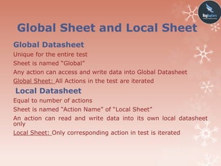 Global Sheet and Local Sheet
Global Datasheet
Unique for the entire test
Sheet is named “Global”
Any action can access and write data into Global Datasheet
Global Sheet: All Actions in the test are iterated
Local Datasheet
Equal to number of actions
Sheet is named “Action Name” of “Local Sheet”
An action can read and write data into its own local datasheet
only
Local Sheet: Only corresponding action in test is iterated
 