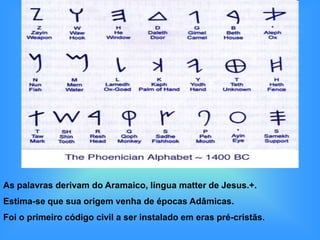 As palavras derivam do Aramaico, língua matter de Jesus.+.
Estima-se que sua origem venha de épocas Adâmicas.
Foi o primeiro código civil a ser instalado em eras pré-cristãs.
 
