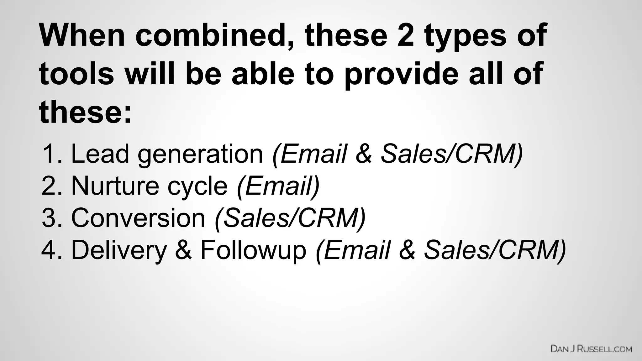 When combined, these 2 types of 
tools will be able to provide all of 
these: 
1. Lead generation (Email & Sales/CRM) 
2. Nurture cycle (Email) 
3. Conversion (Sales/CRM) 
4. Delivery & Followup (Email & Sales/CRM) 
 