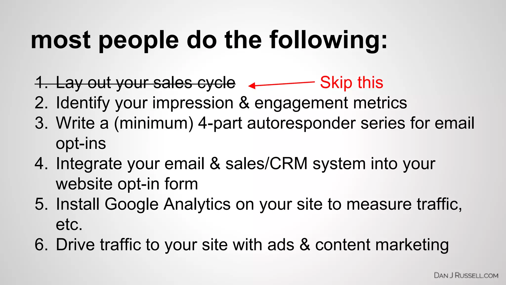 most people do the following: 
1. Lay out your sales cycle 
2. Identify your impression & engagement metrics 
3. Write a (minimum) 4-part autoresponder series for email 
opt-ins 
Skip this 
4. Integrate your email & sales/CRM system into your 
website opt-in form 
5. Install Google Analytics on your site to measure traffic, 
etc. 
6. Drive traffic to your site with ads & content marketing 
 