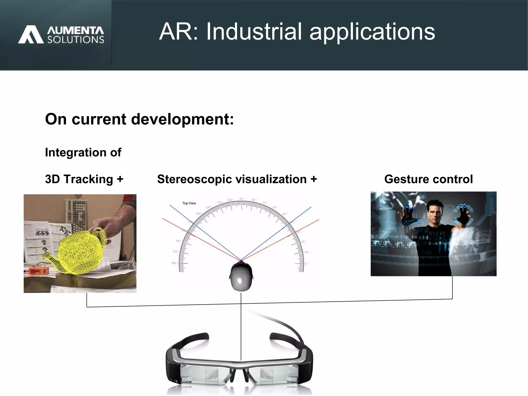 AR: Industrial applications
On current development:
Integration of
3D Tracking + Stereoscopic visualization + Gesture control
 