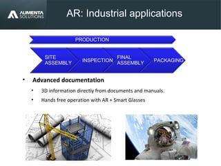AR: Industrial applications
AUGMENTED REALITY
• Advanced documentation
• 3D information directly from documents and manuals.
• Hands free operation with AR + Smart Glasses
PACKAGING
SITE
ASSEMBLY
INSPECTION
FINAL
ASSEMBLY
PRODUCTION
 