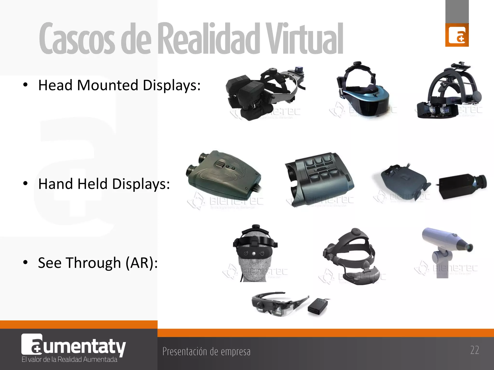 • Head Mounted Displays:

• Hand Held Displays:

• See Through (AR):

 