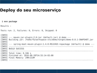 Deploy do seu microserviço
$ mvn package
Results :
Tests run: 2, Failures: 0, Errors: 0, Skipped: 0
[INFO]
[INFO] --- maven-jar-plugin:2.6:jar (default-jar) @ demo ---
[INFO] Building jar: /home/fb/workspace-sts/demo/target/demo-0.0.1-SNAPSHOT.jar
[INFO]
[INFO] --- spring-boot-maven-plugin:1.4.0.RELEASE:repackage (default) @ demo ---
[INFO] ------------------------------------------------------------------------
[INFO] BUILD SUCCESS
[INFO] ------------------------------------------------------------------------
[INFO] Total time: 8.346 s
[INFO] Finished at: 2016-08-28T14:55:14-03:00
[INFO] Final Memory: 29M/233M
[INFO] ------------------------------------------------------------------------
 