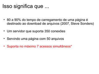 Isso significa que ... 80 a 90% do tempo de carregamento de uma página é destinado ao download de arquivos (2007, Steve Sonders)    Um servidor que suporta 350 conexões   Servindo uma página com 50 arquivos    Suporta no máximo 7 acessos simultâneos* 