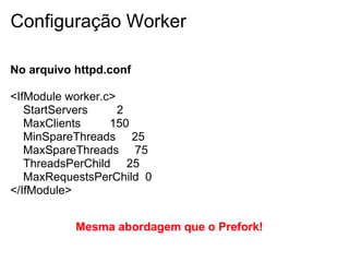 Configuração Worker

No arquivo httpd.conf

<IfModule worker.c>
   StartServers     2
   MaxClients     150
   MinSpareThreads 25
   MaxSpareThreads 75
   ThreadsPerChild 25
   MaxRequestsPerChild 0
</IfModule>


           Mesma abordagem que o Prefork!
 