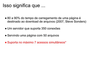Isso significa que ...

 ● 80 a 90% do tempo de carregamento de uma página é
   destinado ao download de arquivos (2007, Steve Sonders)

 ● Um servidor que suporta 350 conexões

 ● Servindo uma página com 50 arquivos

 ● Suporta no máximo 7 acessos simultâneos*
 